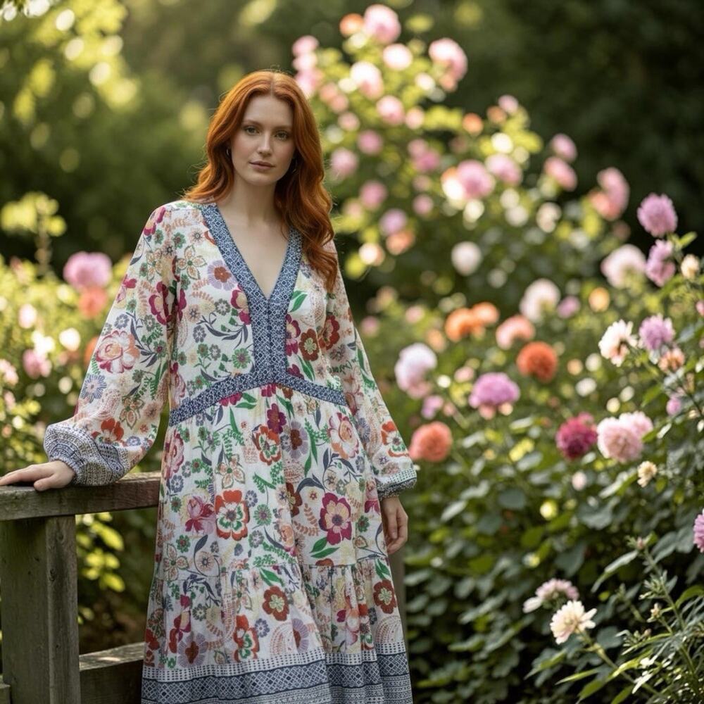 Summer Fall Floral Boho Dress XXL Tiered Knee Length Peasant Cotton Women's Chic